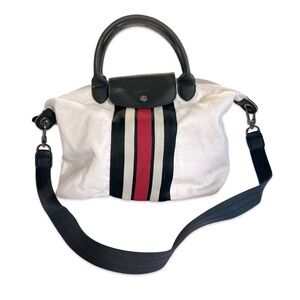 Longchamp White and Black Bag with Red Stripe